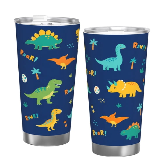 Cute Dinosaur Roar 20oz Insulated Tumbler Kids Dinosaur Travel Cup with Handle Straw Leak Resistant Cup for Boys Girls School Car Gift with Single Silver Rim