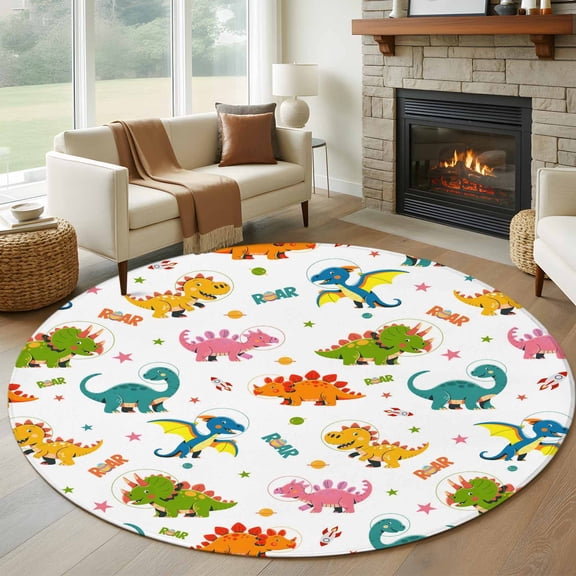 Cute Dinosaur Round Area Rug 8Ft Washable Large Circle Rugs for Living Room Dorm, Cartoon Dino Funny Boys Girls Children Non-Slip Carpet Floor Mats Indoor Outdoor Carpet Runner Aesthetic Home Decor