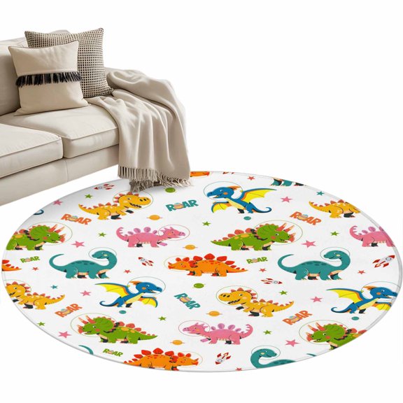Cute Dinosaur Round Area Rugs Collection 3', Cartoon Dino Funny Boys Girls Children Non Slip Indoor Circular Throw Runner Rug Floor Mat Carpet for Living Room Dining Table Bedroom Nursery