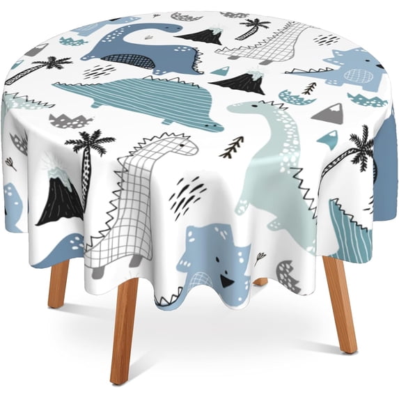Cute Dinosaur Round Table Cloth 60 Inch,Hand Drawn Tablecloth Waterproof Stain Wrinkle Resistant Washable Circle Table Cover for Home Kitchen Dining Room Party Outdoor Picnic