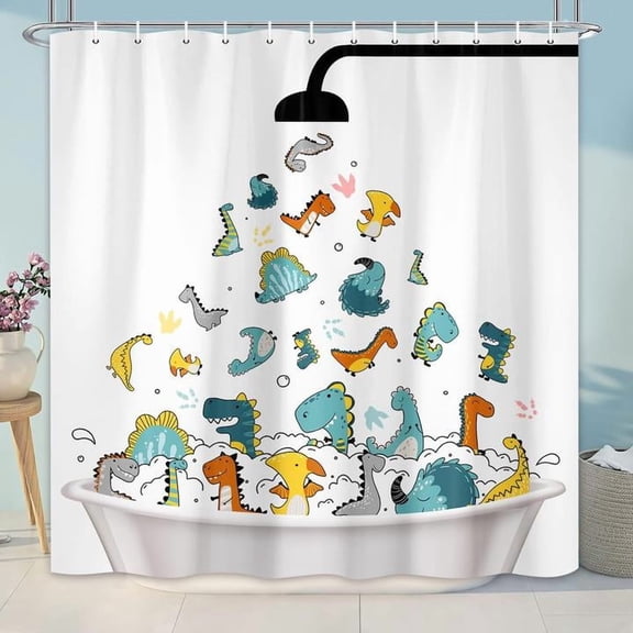Cute Dinosaur Shower Curtain for Kids, Funny Dino Colorful Shower Curtain Set for Bathroom, Cartoon Graffiti Fabric Shower Curtain Restroom Bathtub Decor Accessories with Hooks36X 72 inch