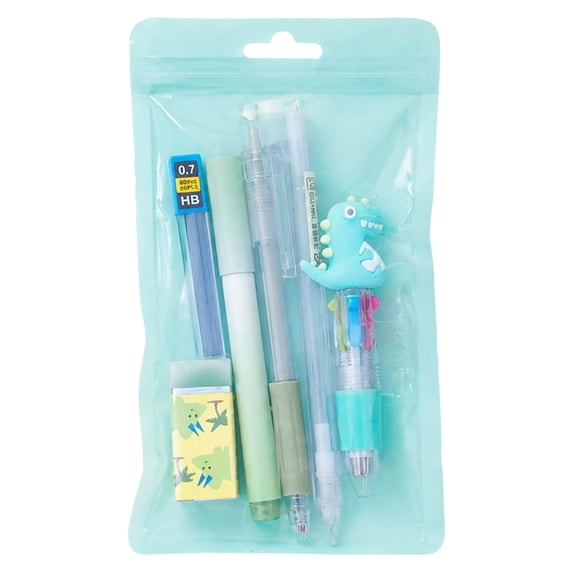 Cute Dinosaur Stationery Set 6 Pcs, Kids School Supplies Pencils Eraser Refills, Back to School Gifts Classroom Rewards for Boys Girls, Blue Plastic Pouch