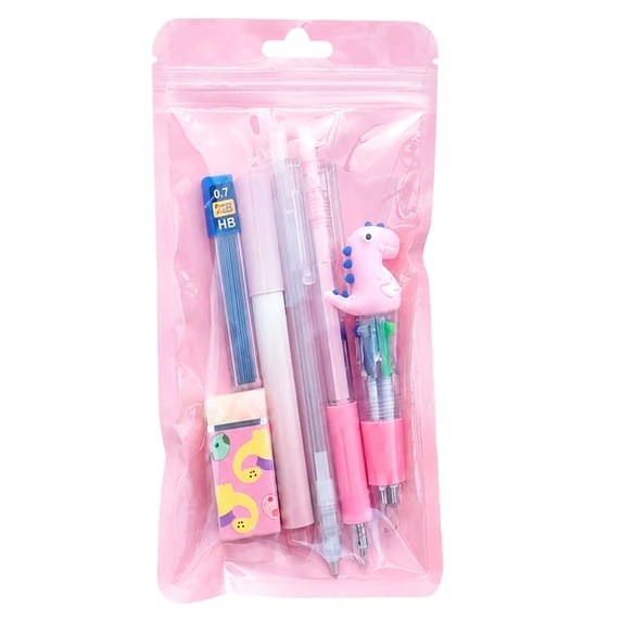 Cute Dinosaur Stationery Set 6 Piece, Kids School Supplies Bundle with Pencil Sharpener Eraser Ruler, Back to School Gifts Classroom Rewards for Boys Girls, Pink Bag