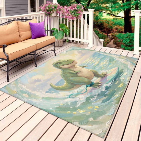 Cute Dinosaur Surfing Outdoor Rug for Patio/Deck/Porch, Non-Slip Large Area Rug 3 x 5 Ft, Summer Beach Watercolor Boho Indoor Outdoor Rugs Washable Area Rugs, Reversible Camping Rug Carpet Runner