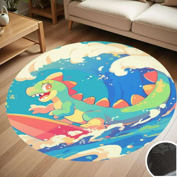Cute Dinosaur Surfing Round Carpet Living Room Bedroom Home Decoration Coffee Table Mat Lounge Rug Chair Mats
