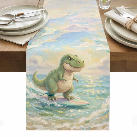 Cute Dinosaur Surfing Table Runner Summer Beach Watercolor Boho Tablerunners 13 x 36 Inch, Table Decorations Tabletop Scarf for Summer Gathering Holiday Farmhouse Kitchen Dining Decor