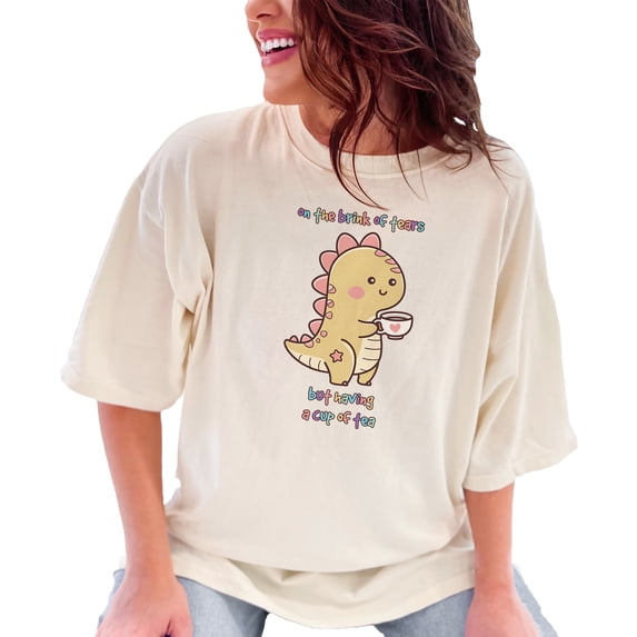 Cute Dinosaur T-Shirt, Funny Dinosaur Tee, On The Brink Of Tears But Having Tea, Kawaii Character Shirt, Fun Graphic T-Shirt, Ivory Comfort Colors T-Shirt, Large