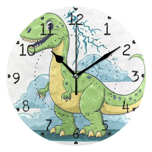 Cute Dinosaur Thunder Clouds Round Wall Clock Silent Analog Battery Operated Black Pointer Home Decor 9.84" Diameter