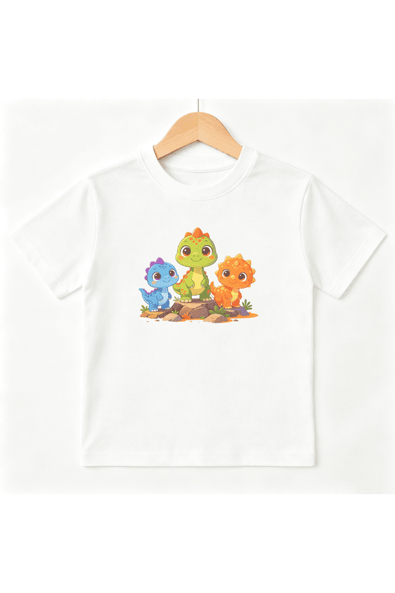 Cute Dinosaur Trio Boys Graphic Tee, Colorful Cartoon Dino Crew 100% Cotton Kids Short Sleeve T-Shirt
