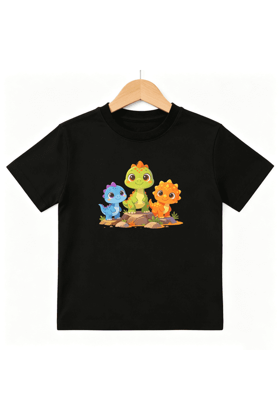 Cute Dinosaur Trio Boys Graphic Tee, Colorful Cartoon Dino Crew 100% Cotton Kids Short Sleeve T-Shirt