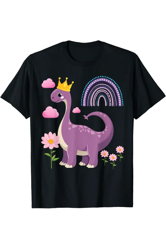 Cute Dinosaur Wearing Princess Crown Rainbow Flowers T-Shirt