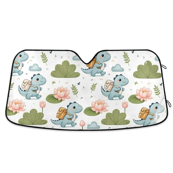 Cute Dinosaur with Backpack and Lotus Car Windshield Sun Shade Foldable Car Front Window Visor Heat and UV Protection 55x27.6