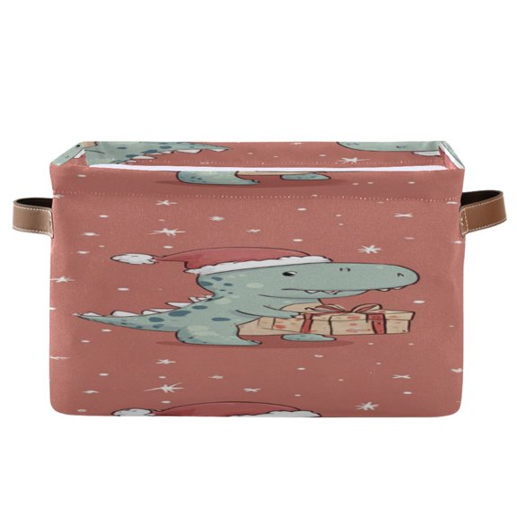Cute Dinosaur with Christmas Hat and Gift Square Storage Bins with Handles Collapsible Containing Box 1 Pack
