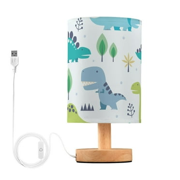 Cute Dinosaurs Blue and Green Bedside Table Lamp LED Warm Lights with USB Charging Port Retro Cylinder Desk Lamps