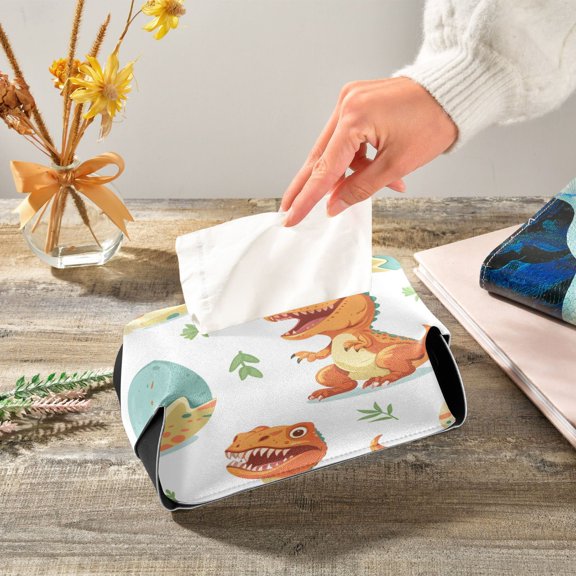 Cute Dinosaurs Eggs Leaves Leather Tissue Box Cover Rectangle Tissue Holder Foldable
