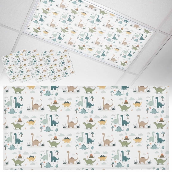 Cute Dinosaurs Fluorescent Light Covers Lovely Colorful Cartoon Animals Tree Cloud Magnetic Light Filters Ceiling Lighting Panel Shade for Classroom Office Home 2 x 4 ft, 4 Pack