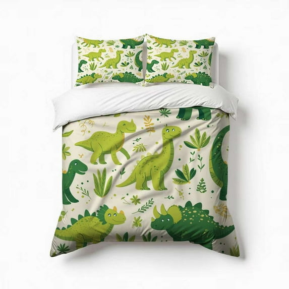 Cute Dinosaurs Green Bedding Set 3 Pcs Soft Microfiber Quilt Cover For Bedroom Decor, Comforter Cover With 2 Pillowcase