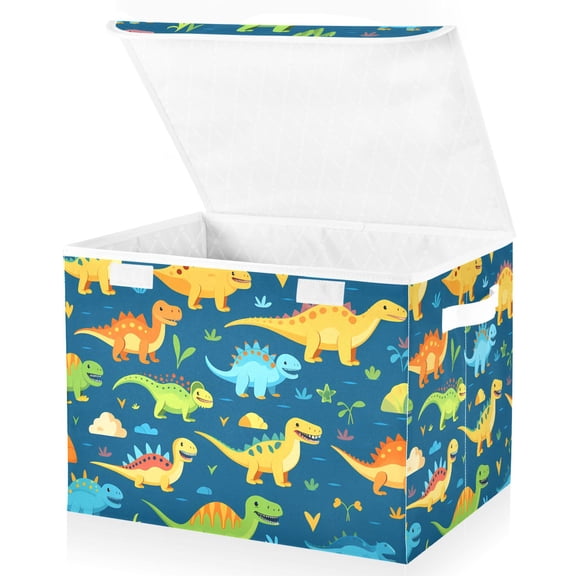 Cute Dinosaurs Large Lidded Bin Foldable Storage Baskets Boxes Cubes Lids with 2 Handles for Home Bedroom Office 16.5x12.6x11.8inch