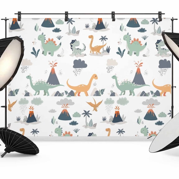 Cute Dinosaurs Photography Backdrop 8x6FT, Lovely Yellow Green Cartoon Animals Volcano Tree Cloud Photo Backdrops, Background for Photography Studio Photo Studio Background, Back Drop for Photoshoot