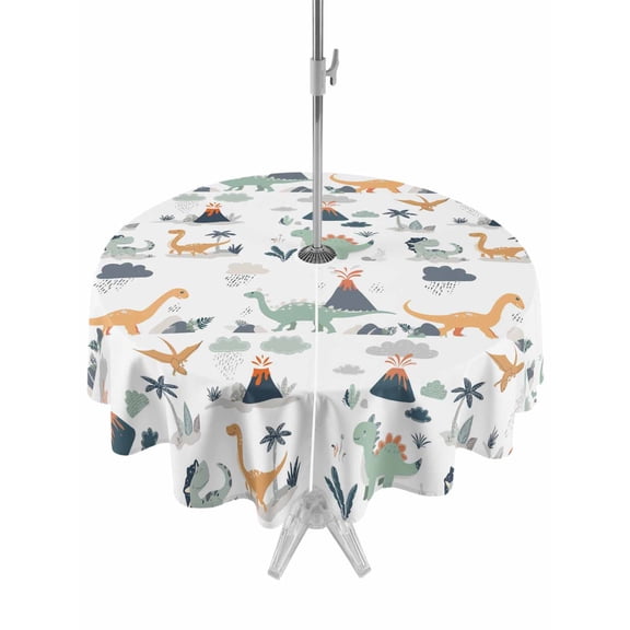 Cute Dinosaurs Round Outdoor Tablecloth with Umbrella Hole Lovely Yellow Green Cartoon Animals Volcano Tree Cloud 54 Inch Round Waterproof Table Cover Zippered Table Cloth for Garden Patio