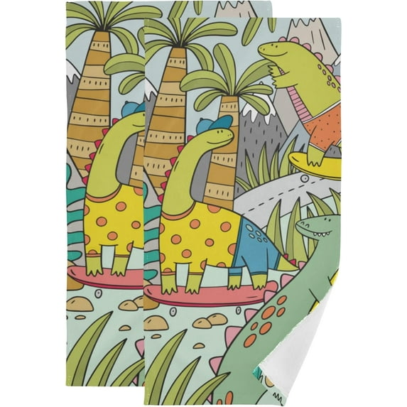 Cute Dinosaurs Tropical Hand Towels for Bathroom, Summer Coconut Palm Leaves Kitchen Towel 2 PCS Ultra Soft and Highly Absorbent Decorative Fingertip Face Bath Towels for Spa & Hotel, 28.3"x 14.4"