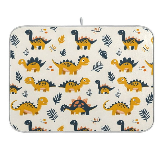 Cute Dinosaurs and Leaf Dish Drying Mat 16x18 Absorbent Microfiber Draining Rack Pad for Kitchen Counter Sink