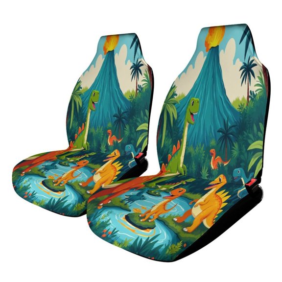 Cute Dinosaurs by Volcano Set of 2 Car Seat Covers Seat for Carseats Front Seat Auto Car Interior Accessories Universal 2 Piece