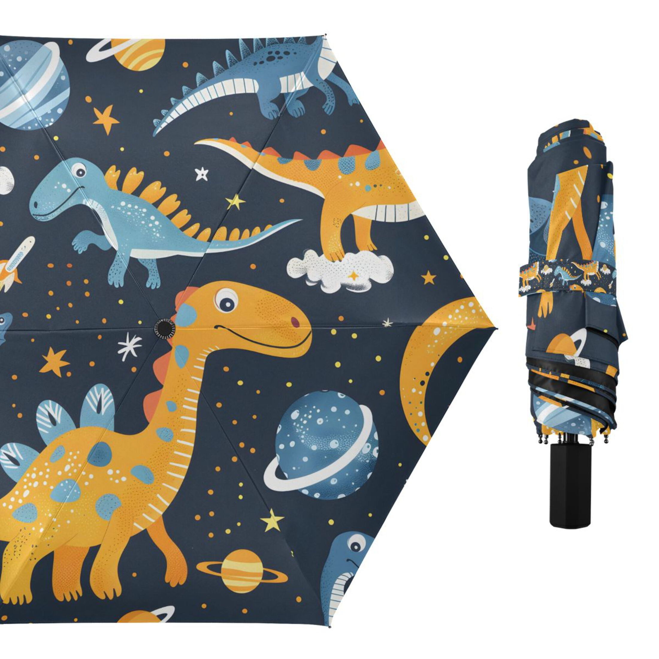Cute Dinosaurs in Space Compact Sun Umbrella Windproof Travel Umbrellas for Rain Strong Portable UV Protection