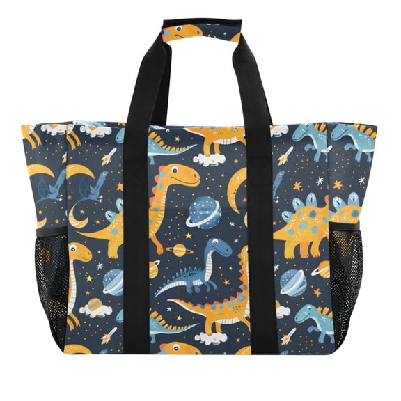 Cute Dinosaurs in Space Reusable Grocery Bags with Handle Side Pocket Waterproof Shopping Portable Tote
