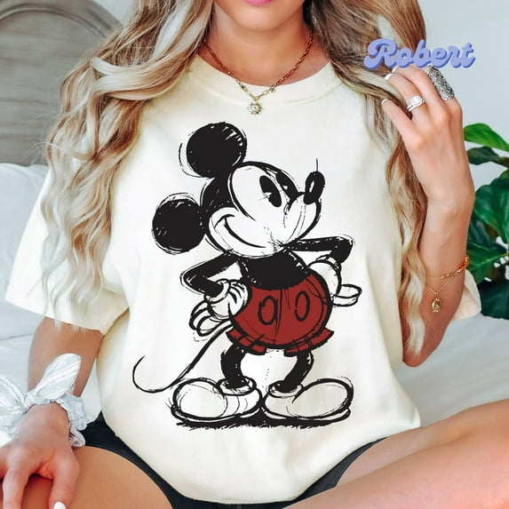 Cute Disney Mickey Mouse Pose Classic Sketch T-shirt, Magic Kingdom Holiday, Family Birthday Gift Shirt\,Sand color,size L