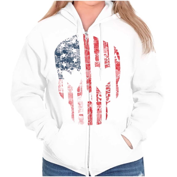 Cute Distressed American Flag Skull Zip Hoodie Sweatshirt Women Brisco Brands L