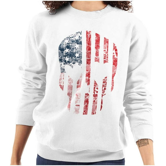 Cute Distressed American Flag Skull Women Crewneck Sweatshirt Brisco Brands X