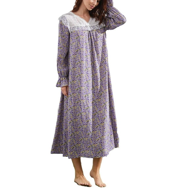 Cute Ditsy Floral PrintV neck Nightgowns Long Sleeve Multicolor Womens ...