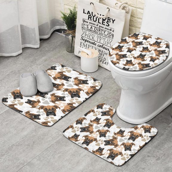 Cute Doberman and Dog Footprint Bathroom Rugs Sets 3 Piece,Toilet Cover Set,Absorbent Non Slip Bathroom Mats Sets with U-Shaped Contour Rug Toilet Rug Set