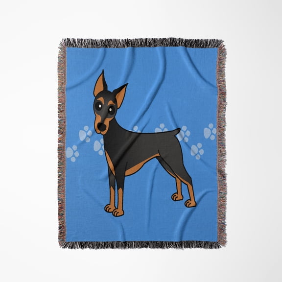 Cute Doberman Pinscher Black Coat - Cartoon Dog - Blue With Pawprints, Woven Blanket