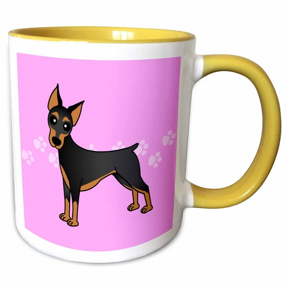 3drose, Cute Doberman Pinscher Black Coat - Cartoon Dog - Pink with Pawprints, 11oz Two-tone Yellow Mug