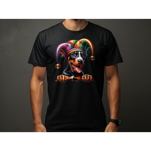 Cute Doberman Pinscher Dog Jester Hat T-Shirt, Colorful Pup Graphic Tee, Funny Dog Lover Gift, Unisex Adult Clothing
