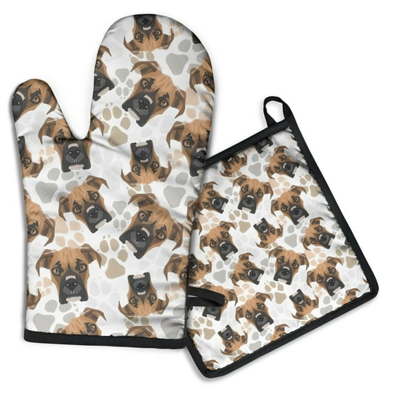 Cute Doberman and Dog Footprint Kitchen Oven Mitt and Pot Holder Sets 2 Pcs for Baking, Cooking and Grilling, Heat Resistant Up To 392 °F