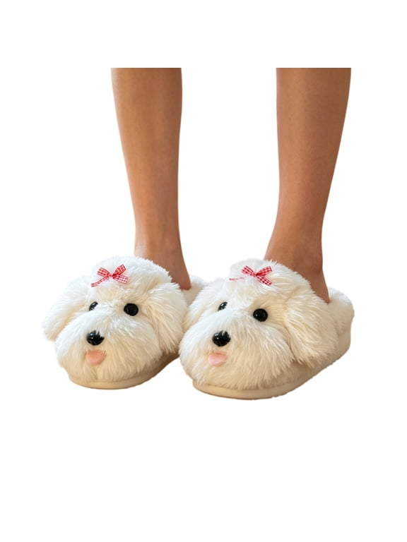 Cute Dog Animal Slippers for Women, 3D Puppy Face Plush House Slippers with Bow Decor, Cozy Warm Fuzzy Closed Toe Indoor Slippers, Non Slip Soft Sole Bedroom Shoes, Fun Novelty Gift Footwear