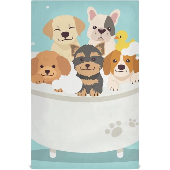 Cute Dog Bath Dish Towels Set of 4, Cartoon Washable Tea Towels Dishcloths Lint-Free 18x28 Inch Fast Drying for Kitchen Restaurant Bar Clean