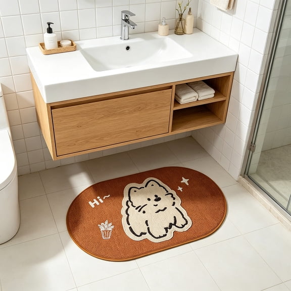 Cute Dog Bath Mat, Plush Microfiber Bathroom Rug Water Absorbent Non-Slip Soft Thick Shaggy Animal Floor Mats, Machine Washable Yellow