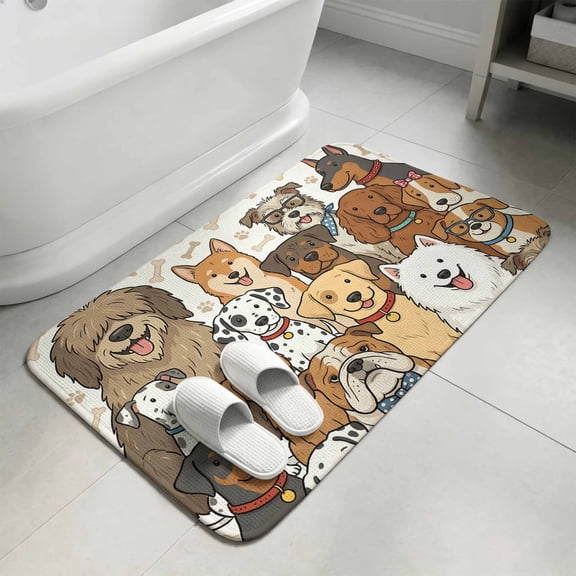 Cute Dog Bathroom Rugs Non Slip Washable Bath Mat Absorbent Low Pile Front Door Mat Funny Animals Bones Paw Prints Indoor Doormat for Kitchen Entryway Shower Decor Accessories 15.7"x23.6"