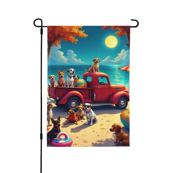 Cute Dog Beach Party Garden Flag 12x18 Inch Double Sided – Summer Vacation Dog Caravan Outdoor Yard Decoration For Porch, Lawn & Patio