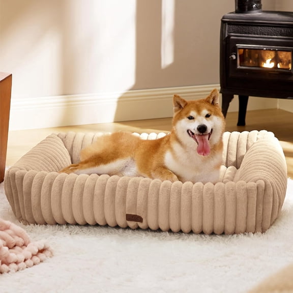 Cute Dog Bed for Small Dogs & Cats - Washable Furry Puppy Beds, Rectangle Corduroy Fleece Pet Beds with Removable Zipper Cover, 20x19x6inches, Sandy Tan