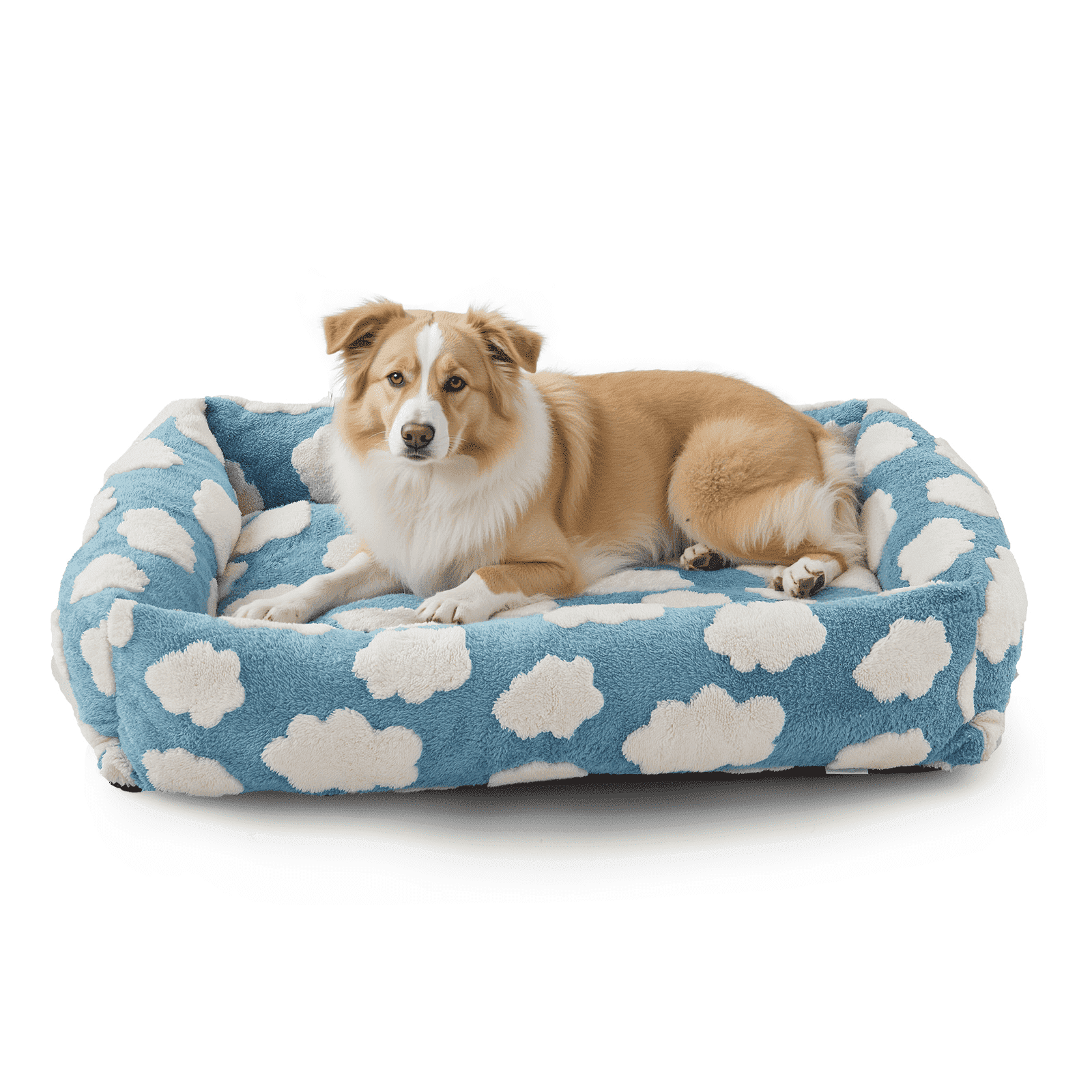 Cute Dog Bed for Medium Dogs, Cozy Rectangle Orthopedic Sofa , Washable Pet Beds with Jacquard Shaggy Plush and Anti Slip Bottom, Blue, 20"x19"x6"