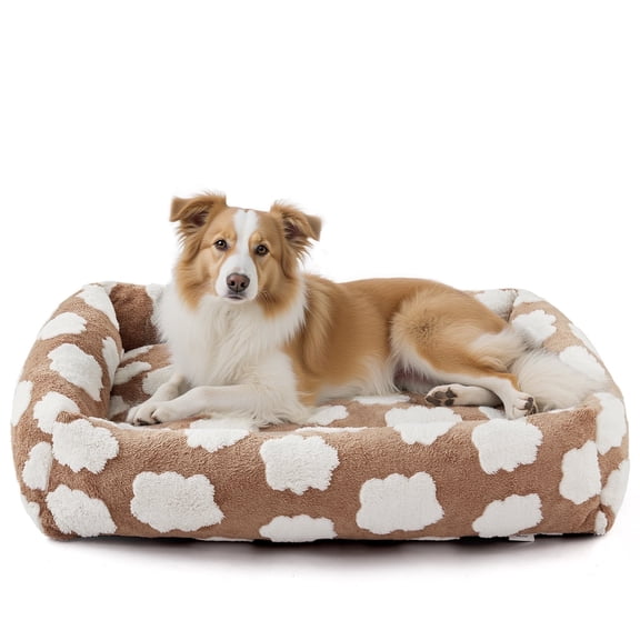 Cute Dog Bed for Medium Dogs, Cozy Rectangle Orthopedic Sofa , Washable Pet Beds with Jacquard Shaggy Plush and Anti Slip Bottom, Brown, 25"x21"x7"