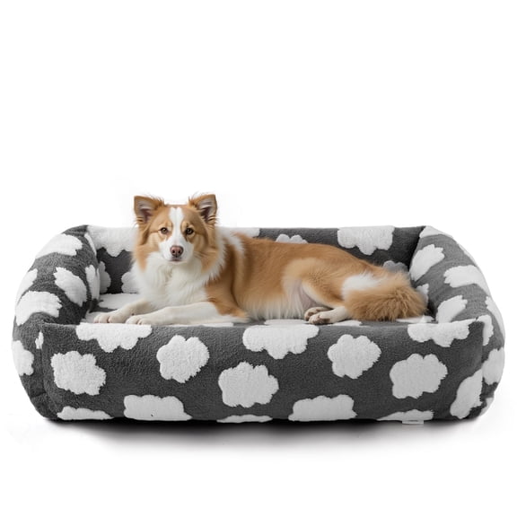 Cute Dog Bed for Medium Dogs, Cozy Rectangle Orthopedic Sofa , Washable Pet Beds with Jacquard Shaggy Plush and Anti Slip Bottom, Gray, 20"x19"x6"