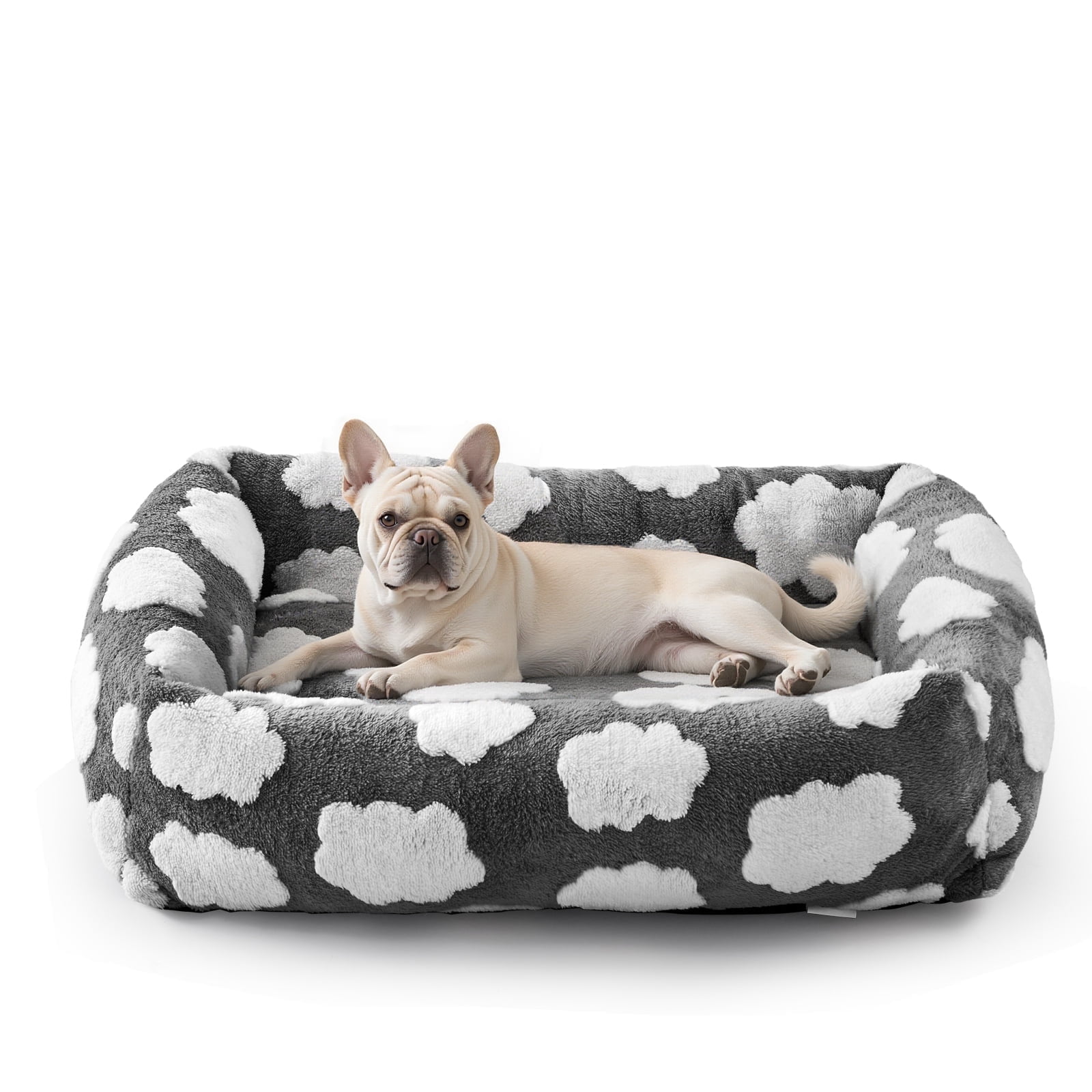 Cute Dog Bed for Medium Dogs, Cozy Rectangle Orthopedic Sofa , Washable Pet Beds with Jacquard Shaggy Plush and Anti Slip Bottom, Gray, 25"x21"x7"