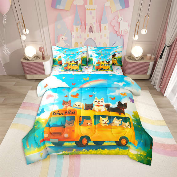 Cute Dog Bedding Sets 7 Pcs Twin Cartoon Cats Dog School Bus Bed in a Bag Colorful Rainbow Butterfly Comforter Set Sheets Lovely Pet Puppy Cats Bed Set Rustic Farmstyle Sheet Set
