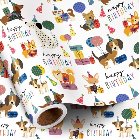 Cute Dog Birthday Wrapping Paper Roll for Boys Girls, 23x58 Inch, Cute Puppy Gift Wrap Paper with Happy Birthday Text Gift Wrap for Dog Lovers, Pet Party